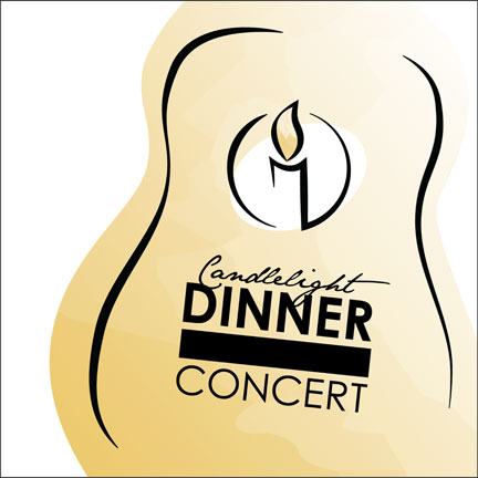 An illustration of a candle within the opening of a guitar body.  Reads: Candlelight Dinner Concert